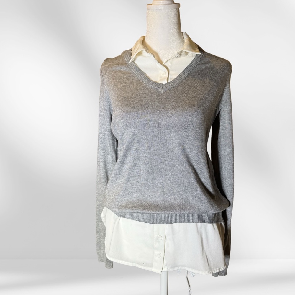 Adrianna Papell Layered V-Neck Sweater with Shirt Hem - Gray & Cream
